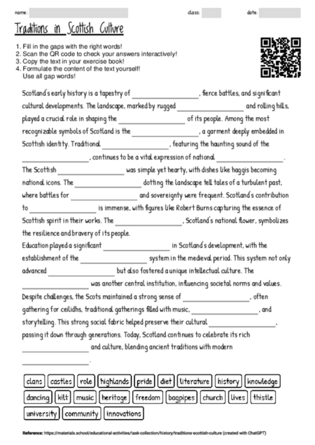 Worksheet with the topic "Traditions in Scottish Culture" | MATERIALS ...