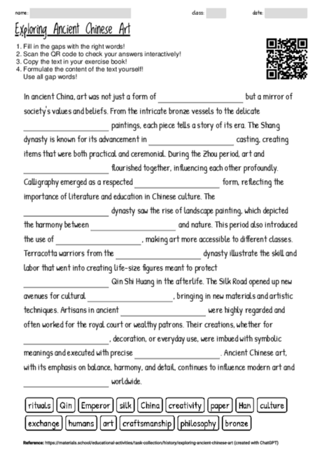 Worksheet with the topic "Exploring Ancient Chinese Art" | MATERIALS.SCHOOL