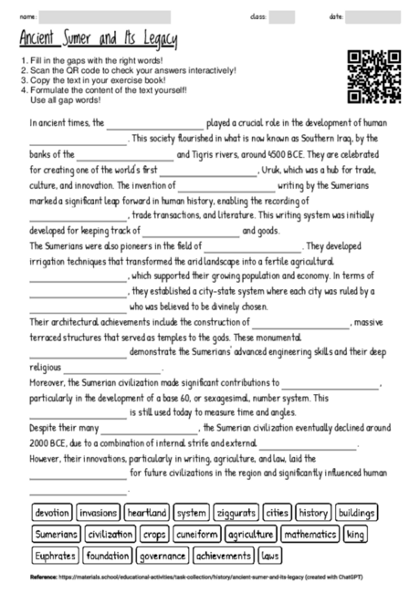 Worksheet with the topic "Ancient Sumer and Its Legacy" | MATERIALS.SCHOOL