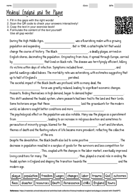 Worksheet with the topic "Medieval England and the Plague" | MATERIALS ...