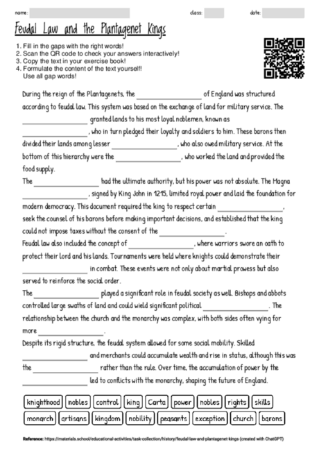 Worksheet with the topic "Feudal Law and the Plantagenet Kings ...