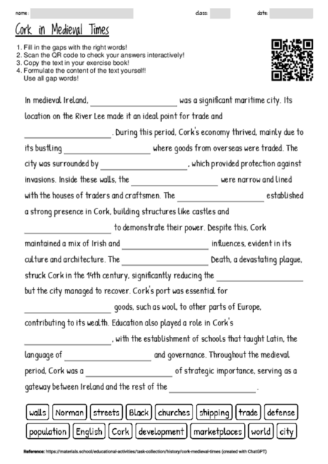 Worksheet with the topic "Cork in Medieval Times" | MATERIALS.SCHOOL