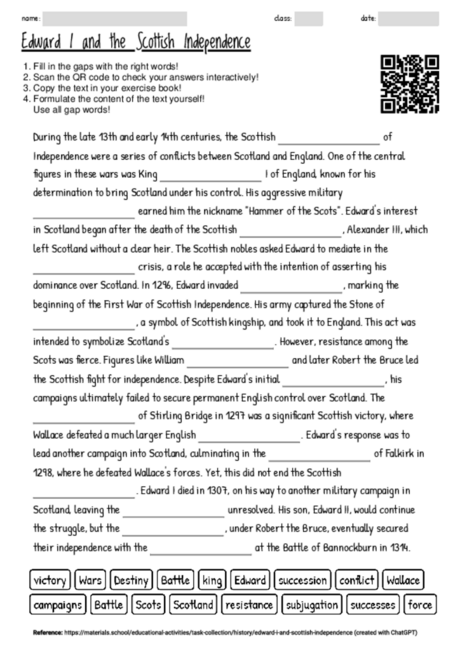 Worksheet with the topic "Edward I and the Scottish Independence ...