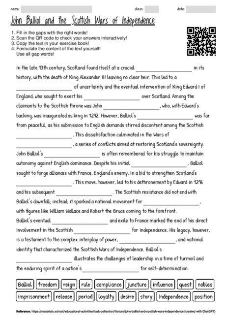 Worksheet with the topic "John Balliol and the Scottish Wars of ...