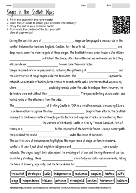 Worksheet with the topic "Sieges in the Scottish Wars" | MATERIALS.SCHOOL