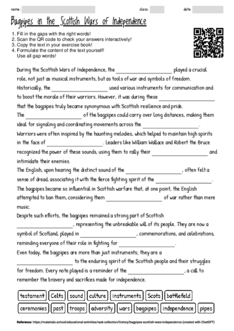 Worksheet with the topic "Bagpipes in the Scottish Wars of Independence ...