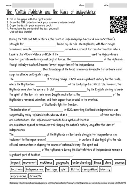 Worksheet with the topic "The Scottish Highlands and the Wars of ...