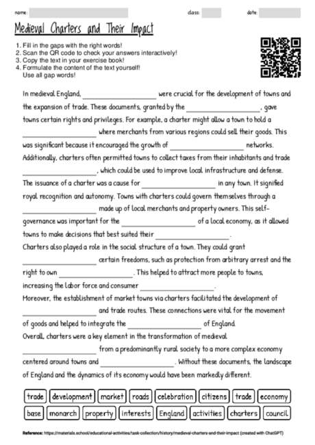 Worksheet with the topic "Medieval Charters and Their Impact ...