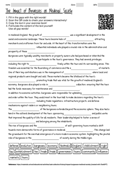 Worksheet with the topic "The Impact of Burgesses on Medieval Society ...