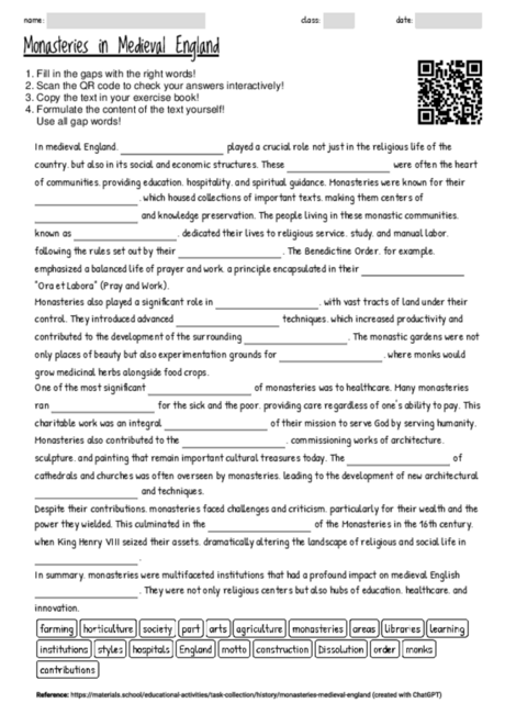 Worksheet with the topic "Monasteries in Medieval England" | MATERIALS ...