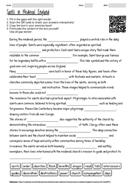 Worksheet with the topic "Saints in Medieval England" | MATERIALS.SCHOOL
