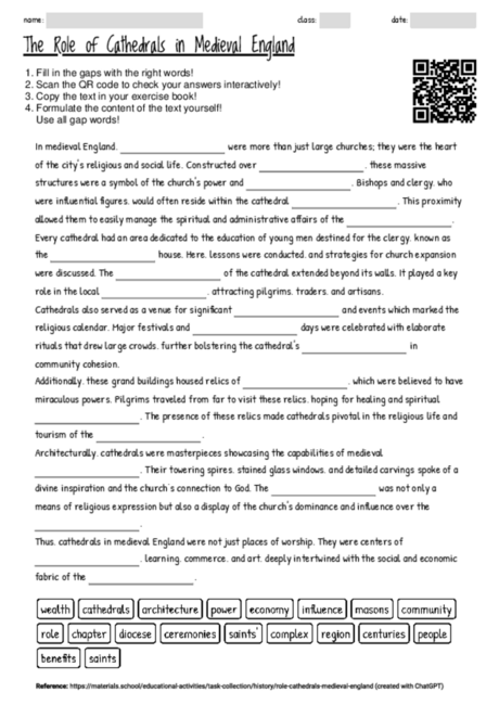 Worksheet with the topic "The Role of Cathedrals in Medieval England ...
