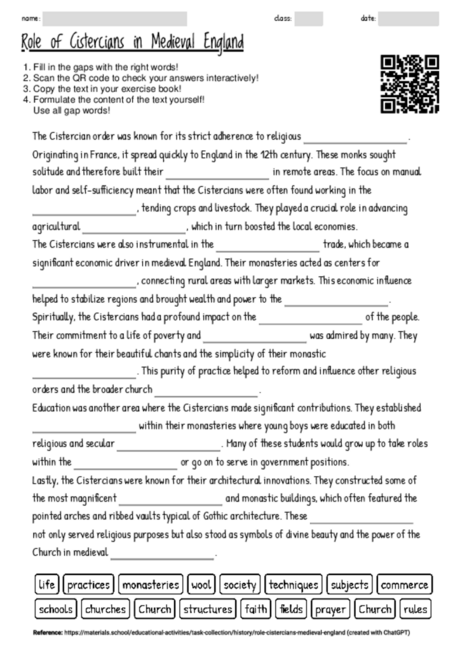 Worksheet with the topic "Role of Cistercians in Medieval England ...
