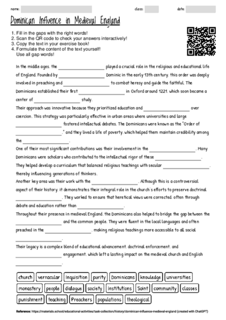 Worksheet with the topic "Dominican Influence in Medieval England ...
