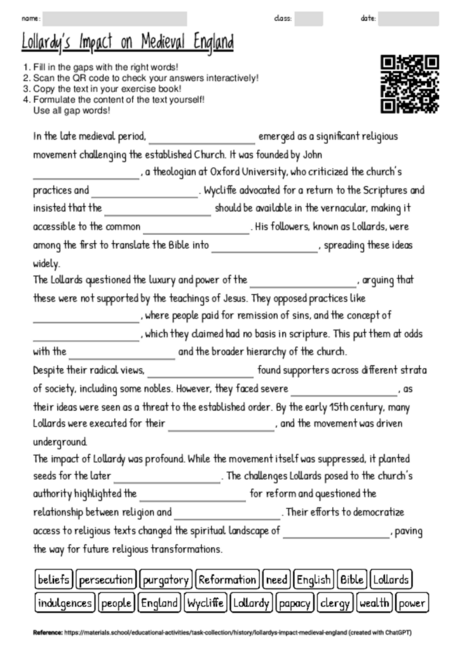 Worksheet with the topic "Lollardy's Impact on Medieval England ...