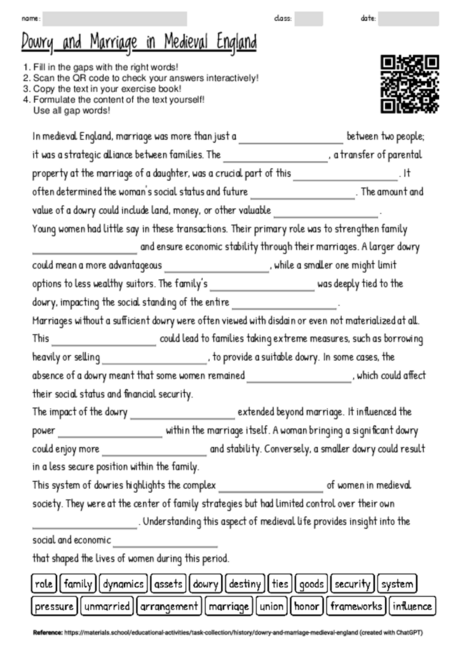 Worksheet with the topic "Dowry and Marriage in Medieval England ...