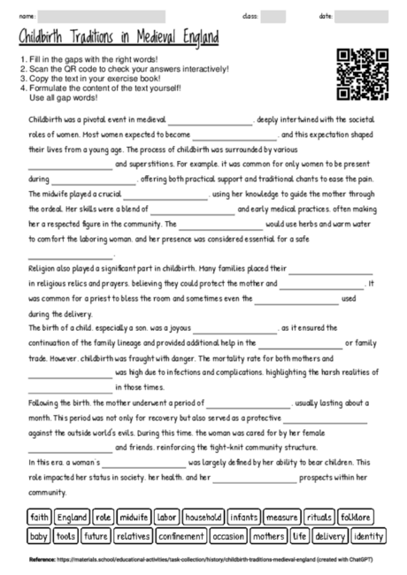 Worksheet with the topic "Childbirth Traditions in Medieval England ...