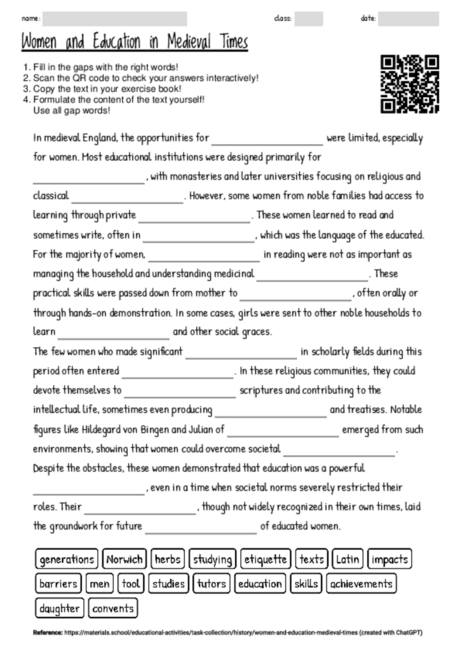 Worksheet with the topic "Women and Education in Medieval Times ...