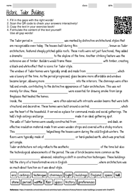 Worksheet with the topic "Historic Tudor Buildings" | MATERIALS.SCHOOL