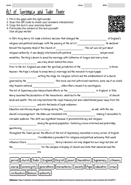 Worksheet with the topic "Act of Supremacy and Tudor Power" | MATERIALS ...