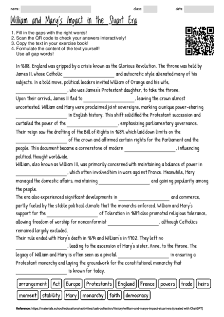 Worksheet with the topic "William and Mary's Impact in the Stuart Era ...