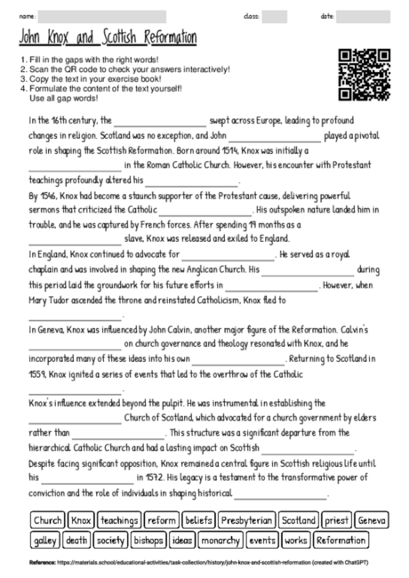 Worksheet with the topic "John Knox and Scottish Reformation ...