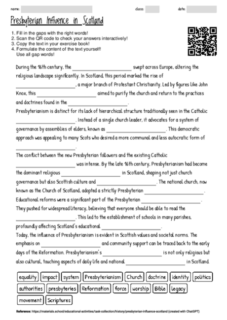 Worksheet with the topic "Presbyterian Influence in Scotland ...