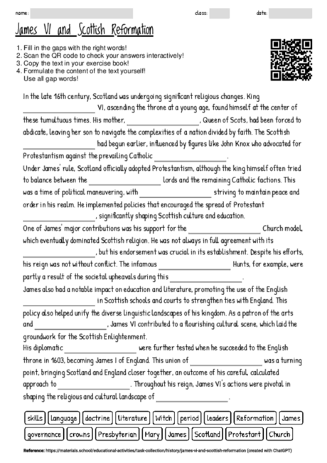 Worksheet with the topic "James VI and Scottish Reformation ...