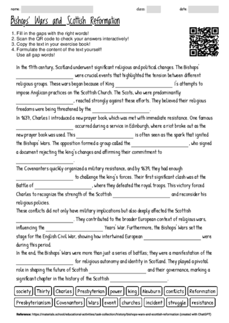 Worksheet with the topic "Bishops' Wars and Scottish Reformation ...