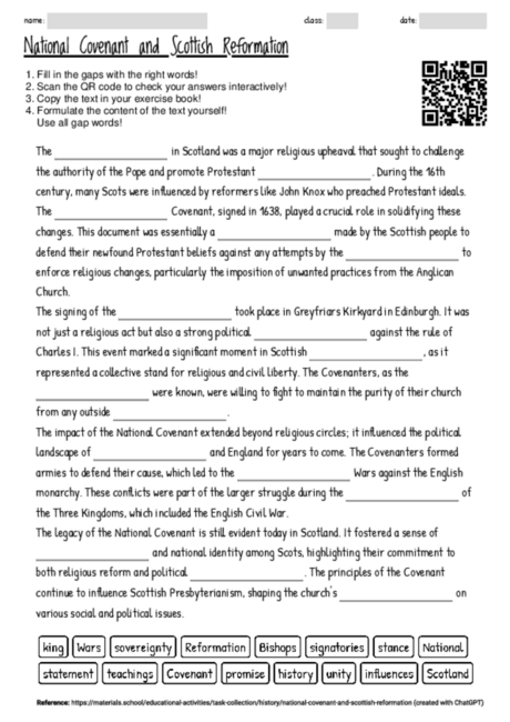 Worksheet with the topic "National Covenant and Scottish Reformation ...