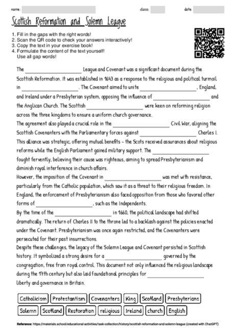 Worksheet with the topic "Scottish Reformation and Solemn League ...