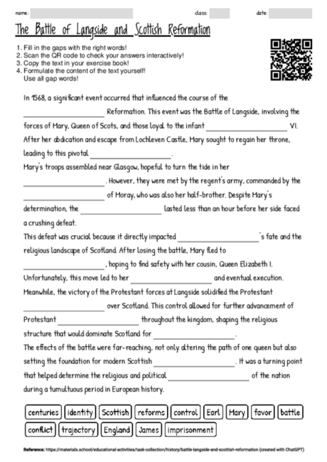 Worksheet with the topic "The Battle of Langside and Scottish ...