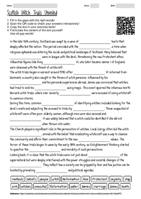 Worksheet with the topic "Scottish Witch Trials Unveiled" | MATERIALS ...