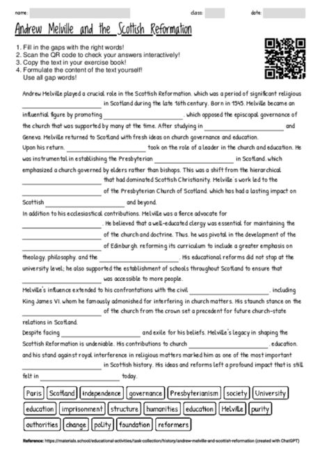 Worksheet with the topic "Andrew Melville and the Scottish Reformation ...