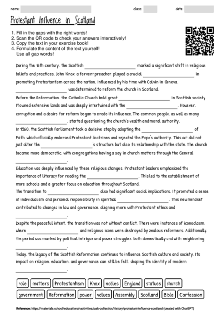 Worksheet with the topic "Protestant Influence in Scotland" | MATERIALS ...