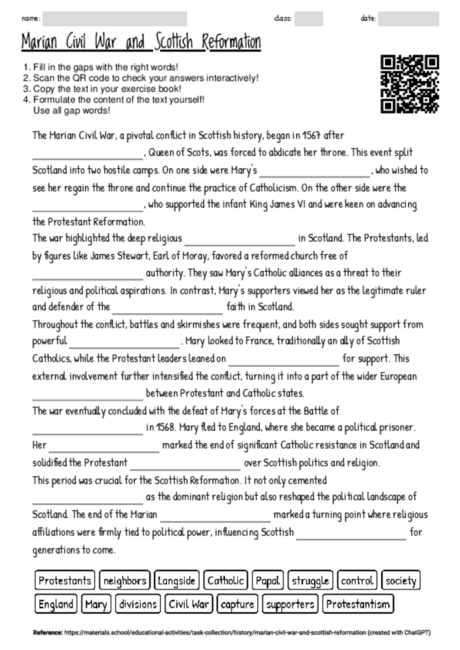 Worksheet with the topic "Marian Civil War and Scottish Reformation ...