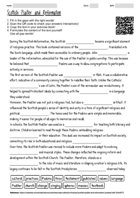 Worksheet with the topic "Scottish Psalter and Reformation" | MATERIALS ...