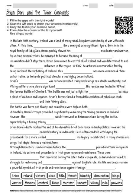 Worksheet with the topic "Brian Boru and the Tudor Conquests ...