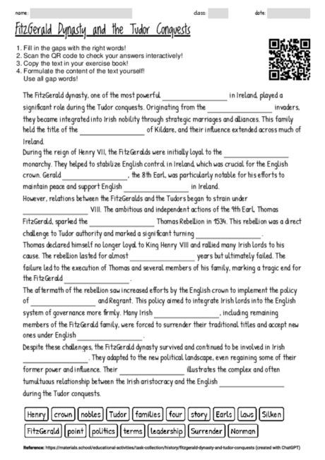 Worksheet with the topic "FitzGerald Dynasty and the Tudor Conquests ...