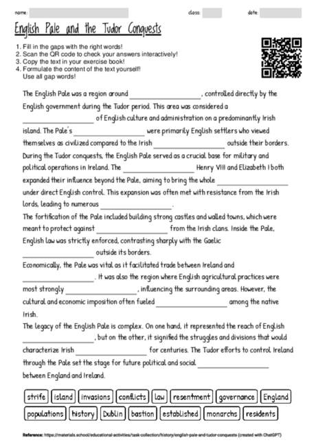 Worksheet with the topic "English Pale and the Tudor Conquests ...