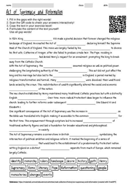 Worksheet with the topic "Act of Supremacy and Reformation" | MATERIALS ...