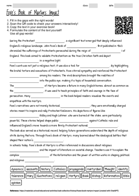 Worksheet with the topic "Foxe's Book of Martyrs Impact" | MATERIALS.SCHOOL