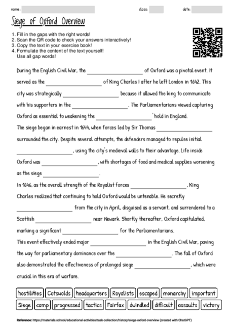 Worksheet with the topic "Siege of Oxford Overview" | MATERIALS.SCHOOL