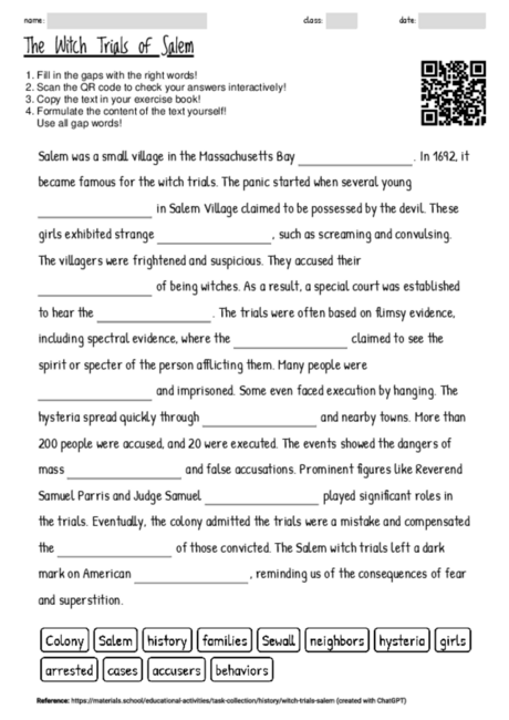 Worksheet with the topic "The Witch Trials of Salem" | MATERIALS.SCHOOL