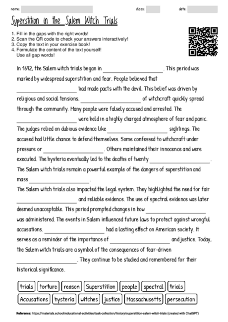 Worksheet with the topic "Superstition in the Salem Witch Trials ...