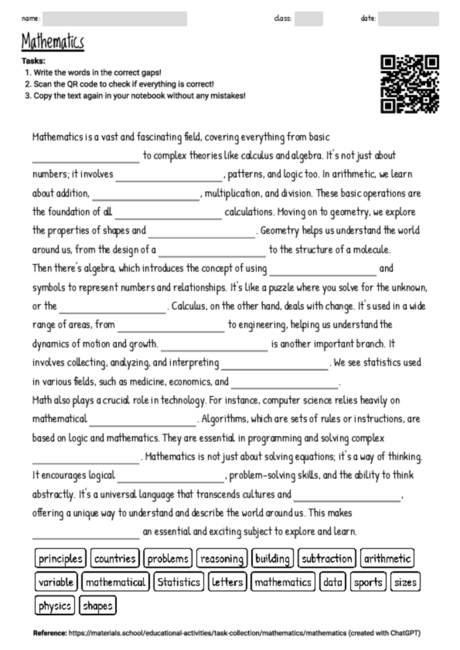 Worksheet with the topic